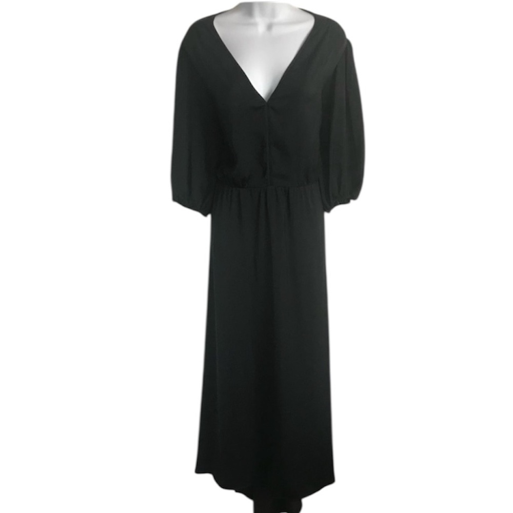 GAP Women’s XXL Black V-Neck Blouson Sleeve Flowy Open Back Tie Maxi Dress EUC